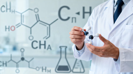 Scientist holding molecular model in labの素材