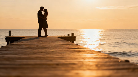 Couple embracing on pier at sunsetの素材