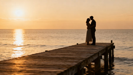 Couple embracing on dock at sunsetの素材