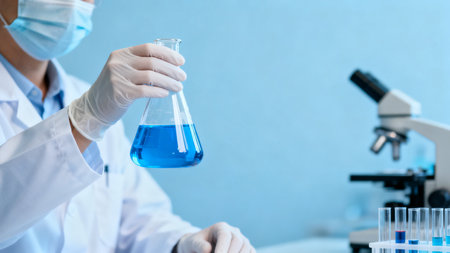 Scientist holding flask with blue liquidの素材