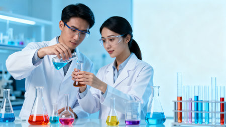 Scientists conducting chemical experimentsの素材