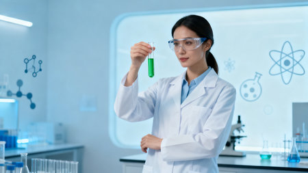 Woman in lab coat holding test tubeの素材