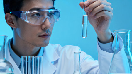 Scientist examining liquid in test tubeの素材