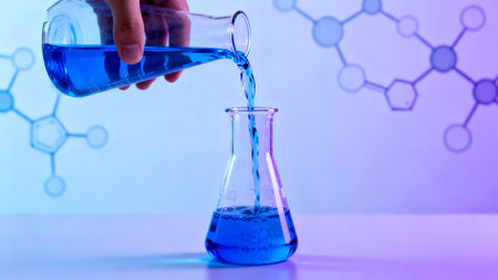 Blue liquid pouring into flaskの素材