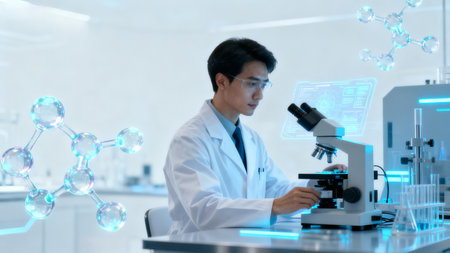 Scientist working in lab with microscopeの素材