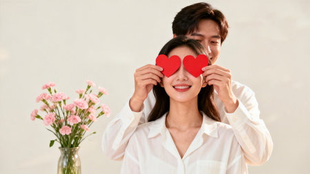 Couple holding red hearts over eyesの素材
