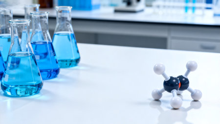 Laboratory glassware with blue liquid and molecular modelの素材