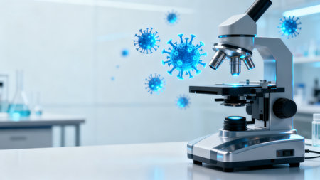 Microscope with virus models in labの素材