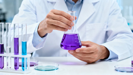 Scientist holding flask with purple liquidの素材