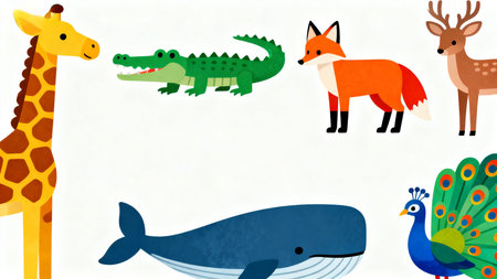 Animated animal characters on white backgroundの素材