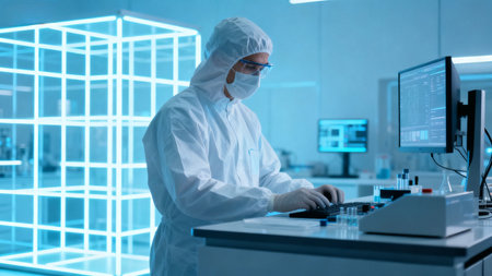Scientist in protective suit working on computerの素材