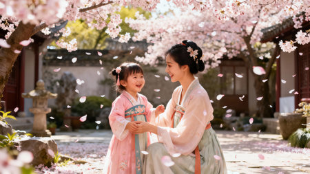 Mother and daughter wearing kimono with cherry blossom in the gardenの素材