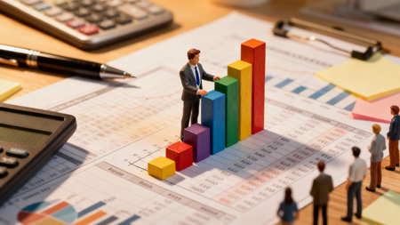 Miniature people : Businessman standing on the graph. Image use for business concept.の素材