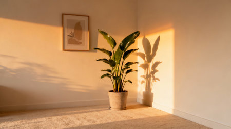 Interior of a living room with plants in a pot and a pictureの素材
