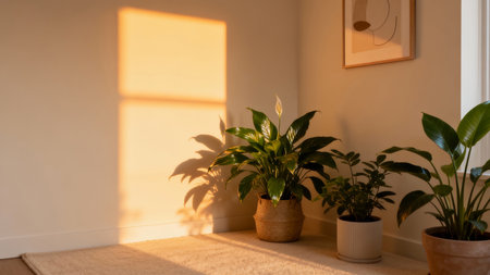 interior of a modern living room with plants and a window with sunlightの素材