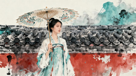 Asian woman in traditional dress holding an umbrella in front of the templeの素材