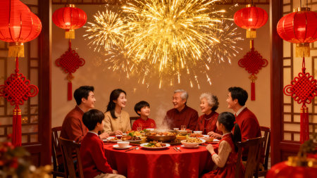 Happy Chinese New Year dinner in traditional Chinese style with family and friendsの素材
