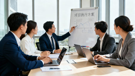 Group of business people discussing the charts and graphs showing the results of their successful teamworkの素材