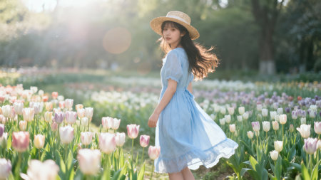 Beautiful asian girl wearing blue dress and hat walking in tulip fieldの素材