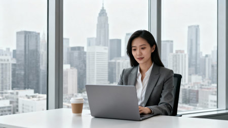 Businesswoman working on laptop computer in modern office room with city view.の素材