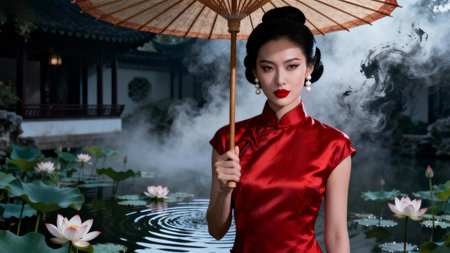 Asian woman in red dress holding umbrella and standing in the lake.の素材