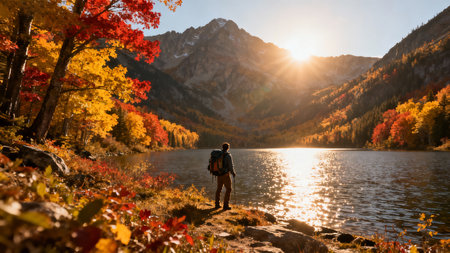 Hiker with backpack on the shore of a mountain lake in autumnの素材