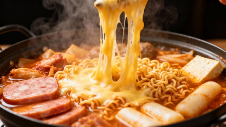 Korean hot pot with noodles, kimchi and sausagesの素材