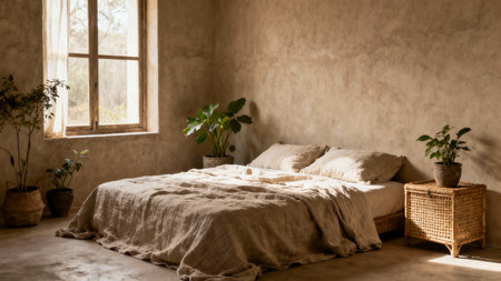 Interior of bedroom with wooden bed and green plants in vaseの素材