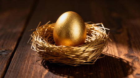 Golden egg in a nest on a wooden background. Easter concept.の素材