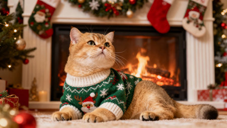 Cute cat in Christmas sweater near fireplace at home. Cozy winter holidaysの素材