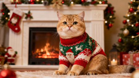 Cute ginger cat in a Christmas sweater sits near the fireplace.の素材