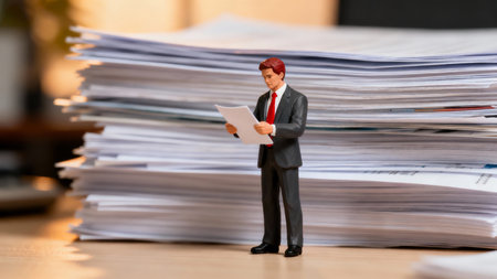 Miniature people businessman standing on pile of paperwork with blur background.の素材