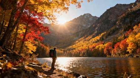 Hike in the autumn mountains. A man with a backpack travels along the shore of a mountain lake.の素材
