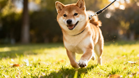 Shiba inu dog running in the park. Shiba inu is a Japanese breed of dog.の素材