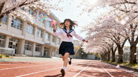 A high school girl running in a cherry blossom garden in springtimeの素材