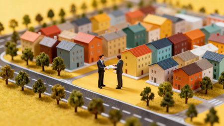 Miniature people : Businessman shaking hands with a real estate agent.の素材