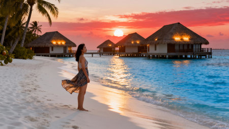 Beautiful young woman on the beach at Maldives at sunset.の素材