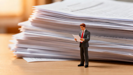 Miniature people : Businessman standing on stack of documents with blur backgroundの素材