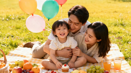 happy asian family having picnic in park on summer day with cakeの素材