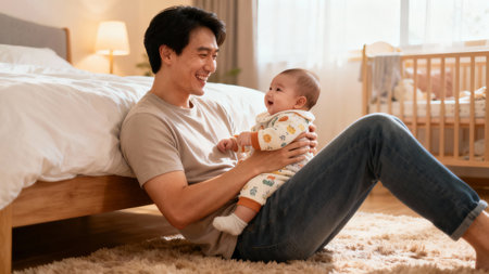 happy asian father playing with his baby son on carpet at homeの素材