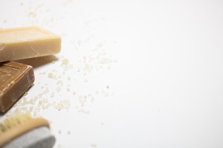 Pieces of brown soap on a white background. Copy space.の写真素材