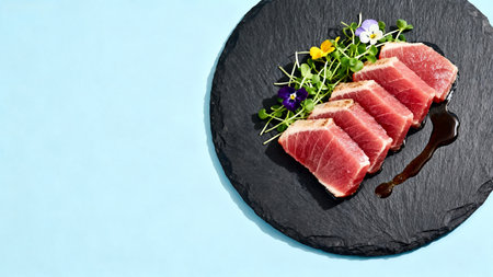 Slices of seared tuna with garnishの素材
