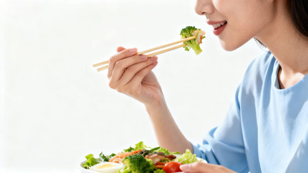 Woman eating broccoli with chopsticksの素材
