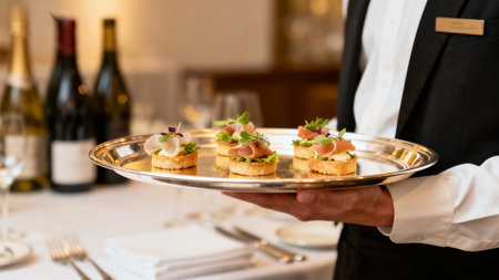 Waiter serving appetizers on trayの素材