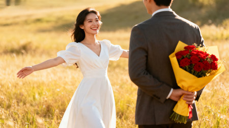 Couple in field with red flowersの素材