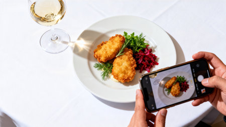 Fried food and wine on the tableの素材