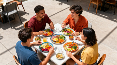 Four people dining together outdoorsの素材