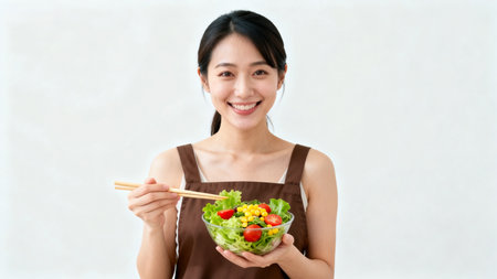 Woman eating salad with chopsticksの素材