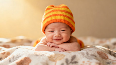 Smiling baby wearing striped hatの素材