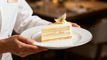 Person holding slice of layered cakeの素材